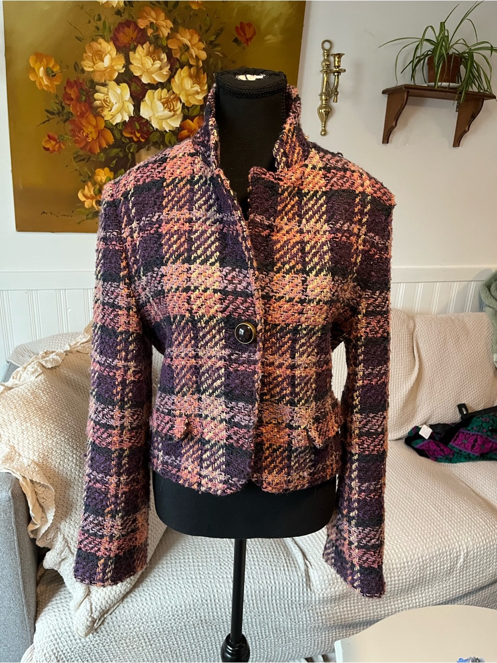 Women's Vintage Pink & Purple Plaid Tweed Jacket Size Medium